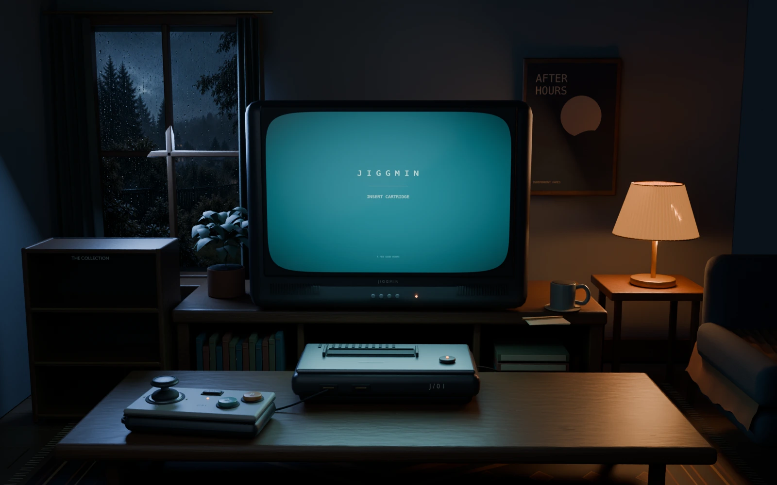 A rainy midnight den, with a glowing CRT, an original game console, and a cartridge rack.